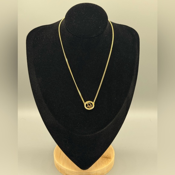 Christian Dior Gold Logo Round Rhinestone Pendant Necklace CD Charm - Picture 3 of 12